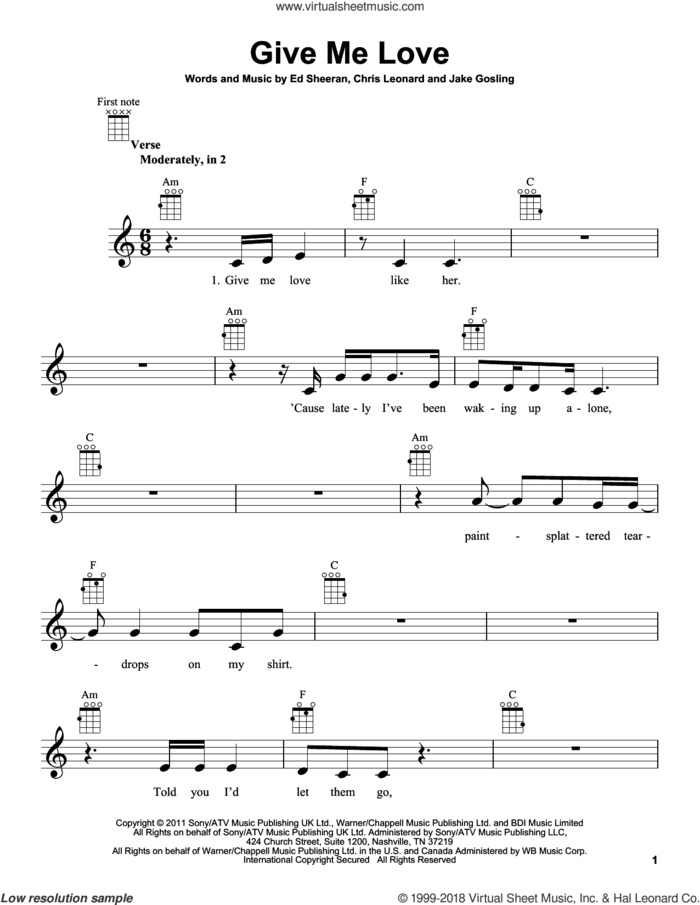Give Me Love sheet music for ukulele by Ed Sheeran, Chris Leonard and Jake Gosling, intermediate skill level