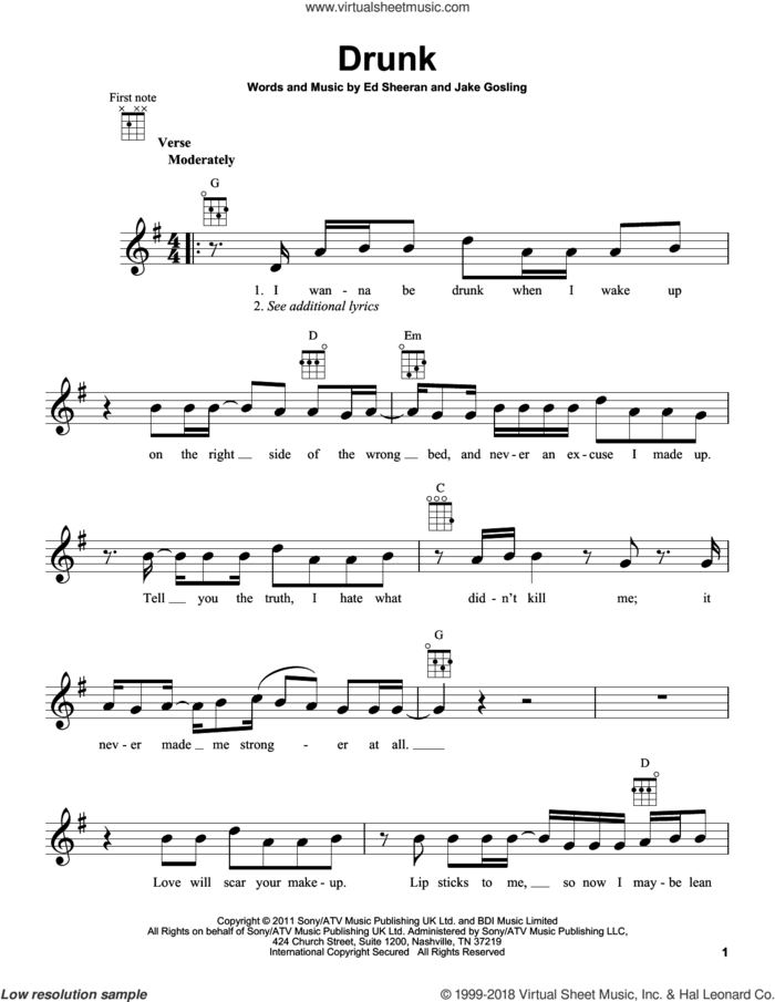 Drunk sheet music for ukulele by Ed Sheeran and Jake Gosling, intermediate skill level