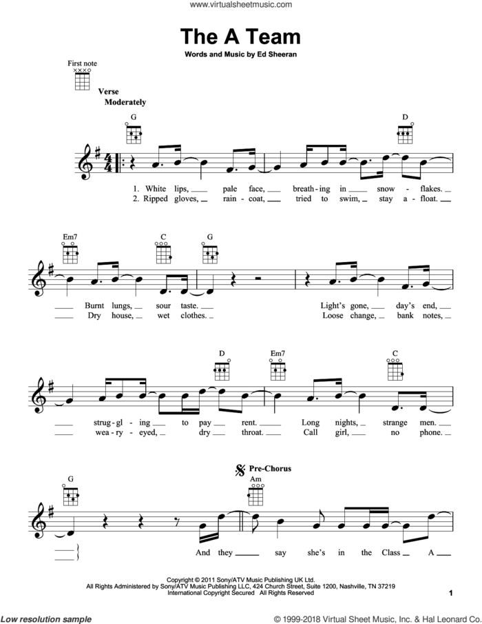 The A Team sheet music for ukulele by Ed Sheeran, intermediate skill level