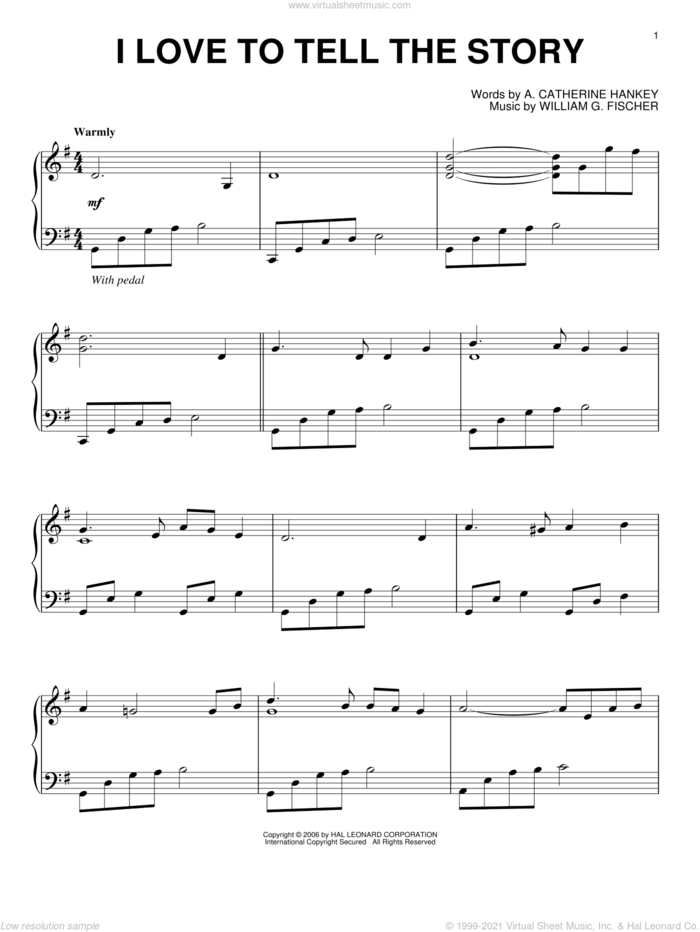 I Love To Tell The Story, (intermediate) sheet music for piano solo by A. Catherine Hankey and William G. Fischer, intermediate skill level