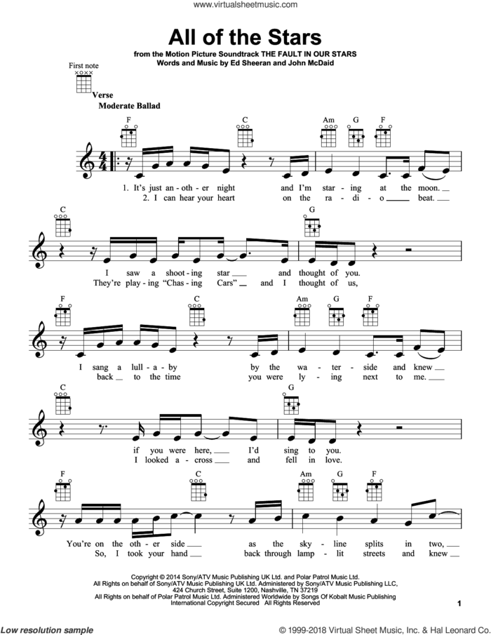 All Of The Stars sheet music for ukulele by Ed Sheeran and John McDaid, intermediate skill level