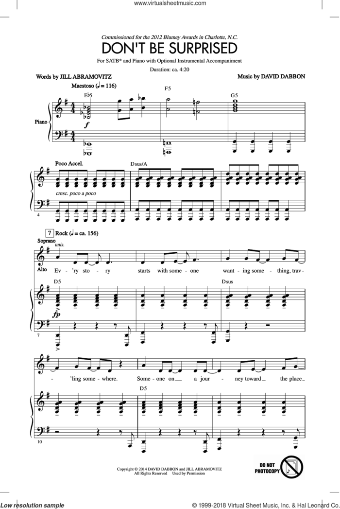 Don't Be Surprised sheet music for choir (SATB: soprano, alto, tenor, bass) by Jill Abramovitz and David Dabbon, intermediate skill level