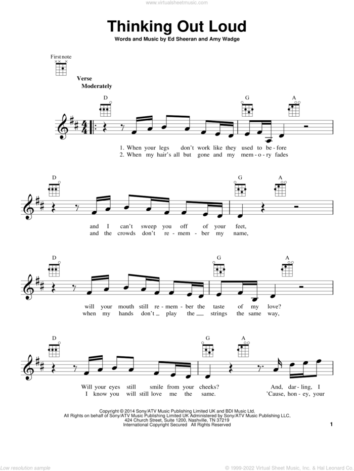 Thinking Out Loud sheet music for ukulele by Ed Sheeran and Amy Wadge, wedding score, intermediate skill level