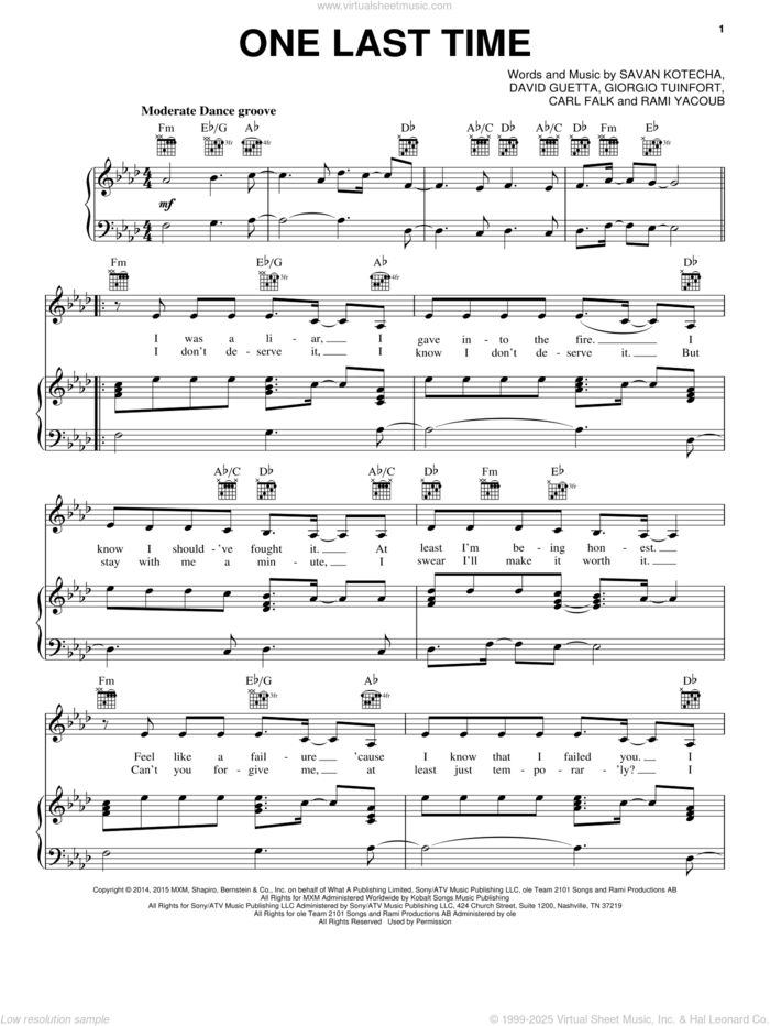 One Last Time sheet music for voice, piano or guitar by Ariana Grande, Carl Falk, David Guetta, Giorgio Tuinfort, Rami and Savan Kotecha, intermediate skill level