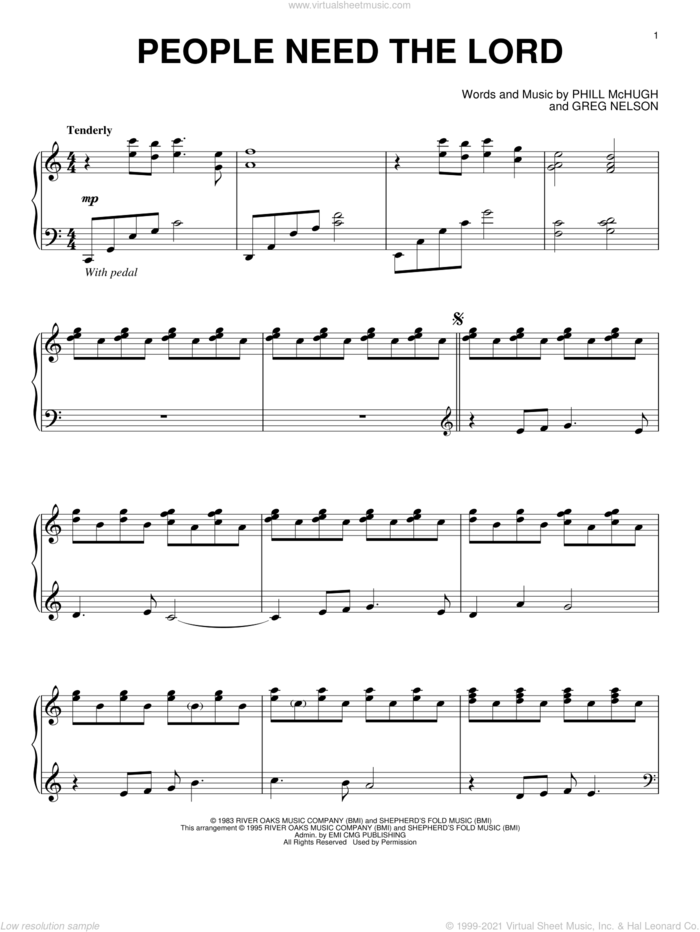 People Need The Lord, (intermediate) sheet music for piano solo by Steve Green, Greg Nelson and Phill McHugh, intermediate skill level