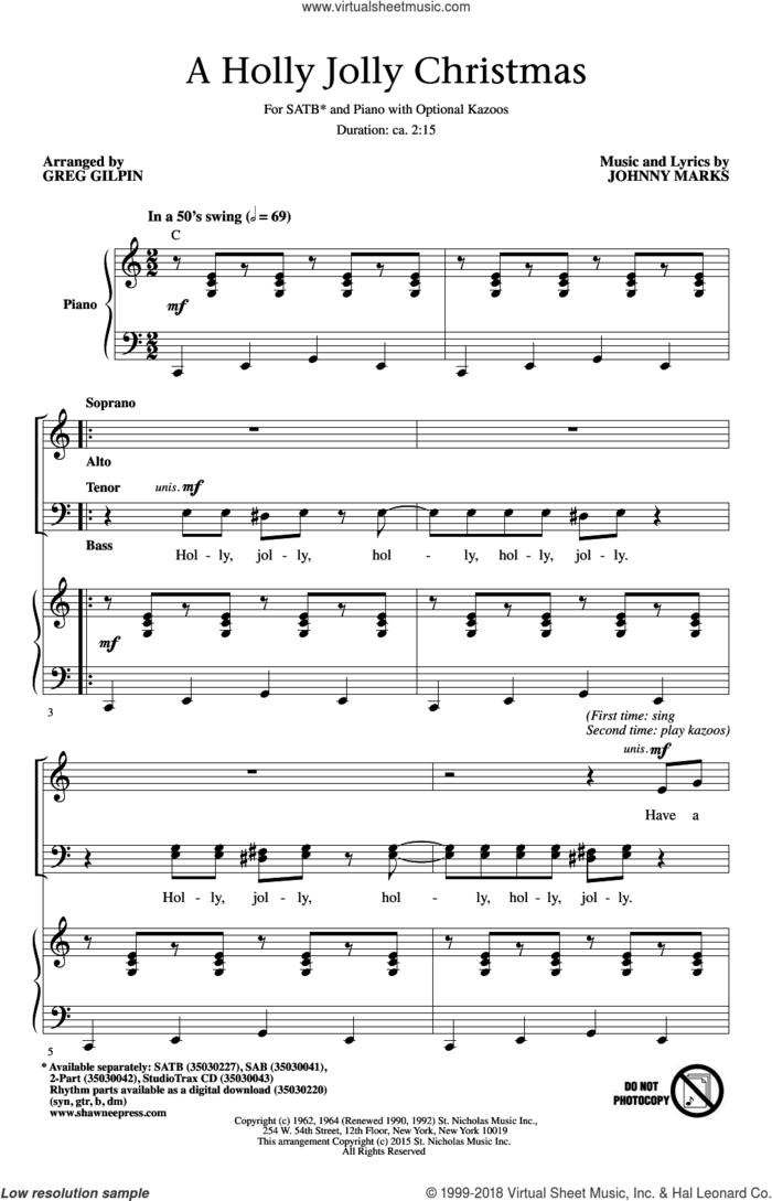 A Holly Jolly Christmas (arr. Greg Gilpin) sheet music for choir (SATB: soprano, alto, tenor, bass) by Greg Gilpin, Johnny Marks and Lady Antebellum, intermediate skill level