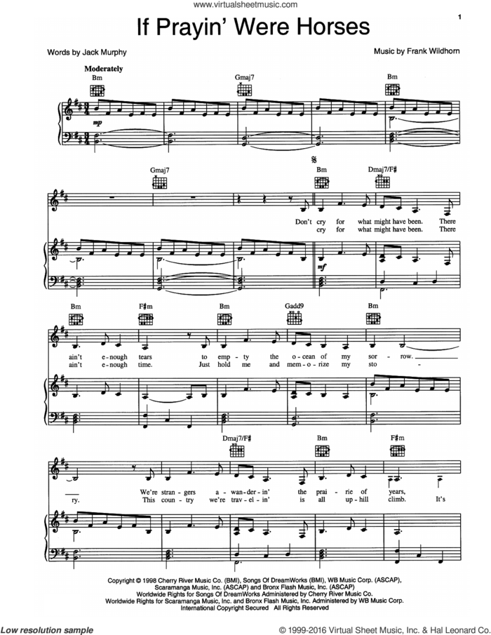 If Prayin' Were Horses sheet music for voice, piano or guitar by Frank Wildhorn and Jack Murphy, intermediate skill level