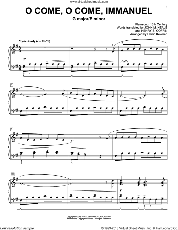 O Come, O Come Immanuel (arr. Phillip Keveren) sheet music for piano solo by John Mason Neale, Phillip Keveren and Henry S. Coffin, intermediate skill level
