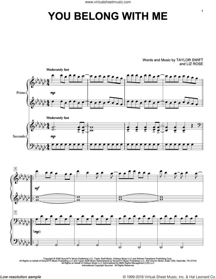 You Belong With Me sheet music for piano four hands by Taylor Swift and Liz Rose, intermediate skill level