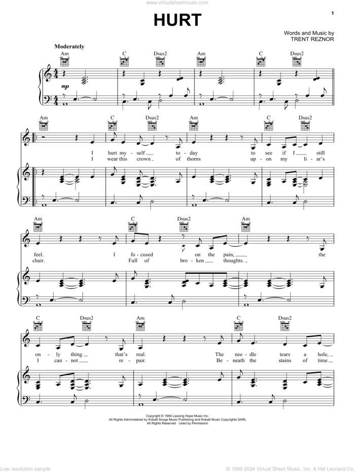 Hurt (Quiet) sheet music for voice, piano or guitar by Nine Inch Nails, Johnny Cash and Trent Reznor, intermediate skill level