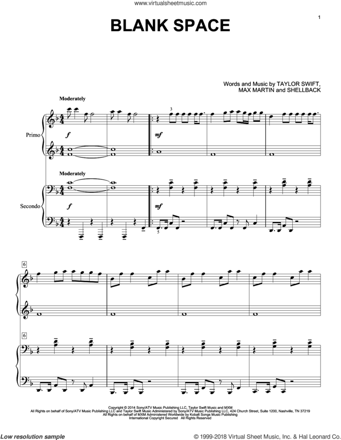Blank Space sheet music for piano four hands by Taylor Swift, Johan Schuster, Max Martin and Shellback, intermediate skill level