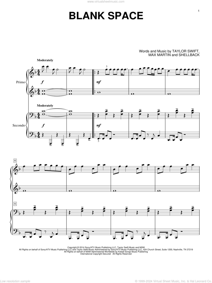 Blank Space sheet music for piano four hands by Taylor Swift, Johan Schuster, Max Martin and Shellback, intermediate skill level