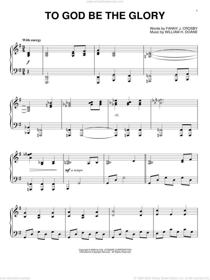 To God Be The Glory sheet music for piano solo by Fanny J. Crosby and William H. Doane, intermediate skill level