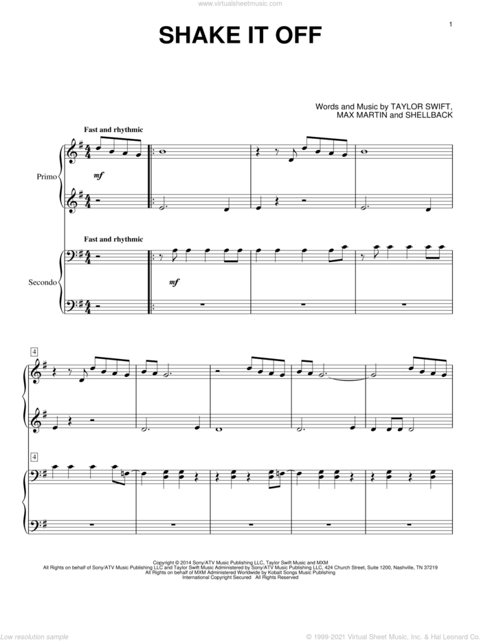 Shake It Off sheet music for piano four hands by Taylor Swift, Johan Schuster, Max Martin and Shellback, intermediate skill level