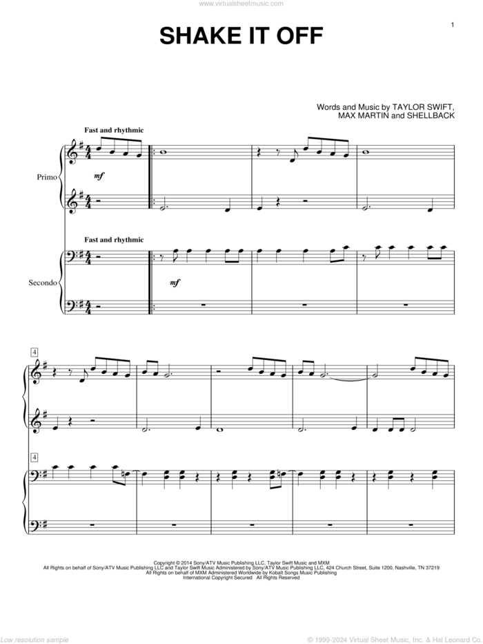 Shake It Off sheet music for piano four hands by Taylor Swift, Johan Schuster, Max Martin and Shellback, intermediate skill level