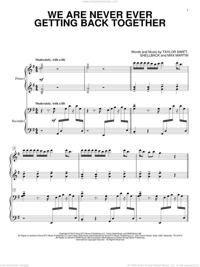 We Are Never Ever Getting Back Together sheet music for piano four hands by Taylor Swift, Max Martin and Shellback, intermediate skill level