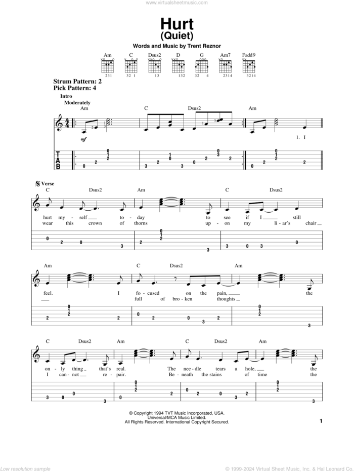 Hurt (Quiet) sheet music for guitar solo (easy tablature) by Johnny Cash, Nine Inch Nails and Trent Reznor, easy guitar (easy tablature)