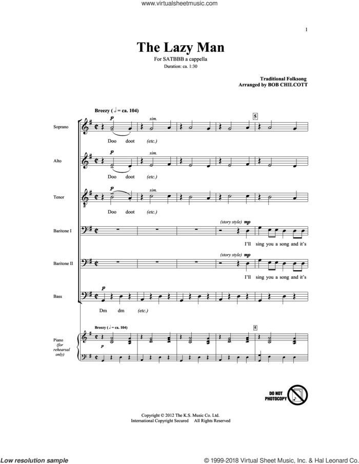 The Lazy Man sheet music for choir (SATB: soprano, alto, tenor, bass) by The King's Singers, Bob Chilcott and Traditional Folk Song, intermediate skill level