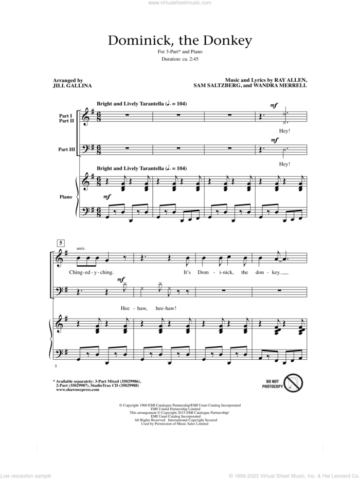 Dominick, The Donkey sheet music for choir (3-Part Mixed) by Jill Gallina, Merrill Wandra, Ray Allen, Sam Saltzberg and Wandra Merrell, intermediate skill level