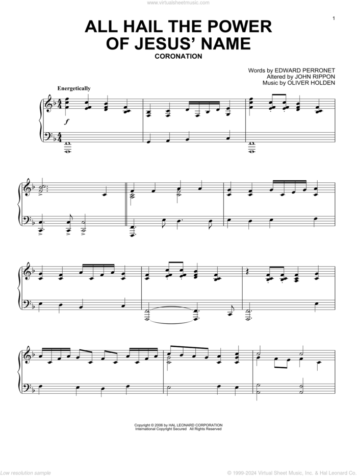 All Hail The Power Of Jesus' Name (arr. Brad Nix) sheet music for piano solo by Edward Perronet, John Rippon and Oliver Holden, intermediate skill level