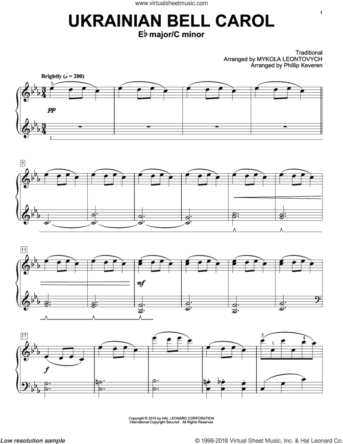 Ukrainian Bell Carol (arr. Phillip Keveren) sheet music for piano solo by Phillip Keveren and Mykola Leontovych, intermediate skill level
