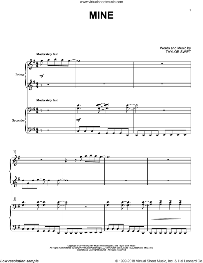 Mine sheet music for piano four hands by Taylor Swift, intermediate skill level