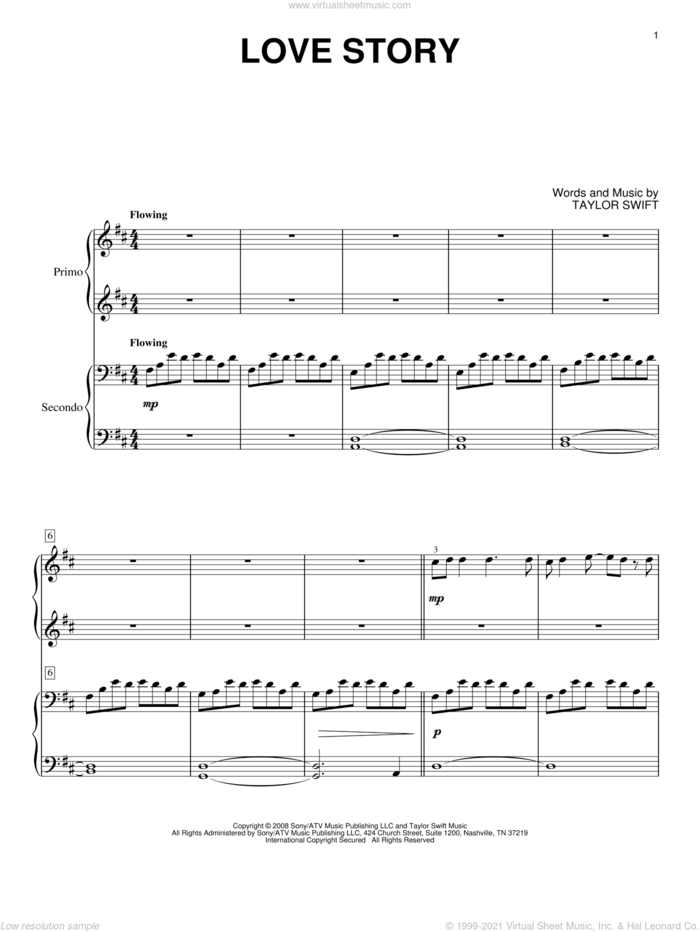 Love Story sheet music for piano four hands by Taylor Swift, intermediate skill level