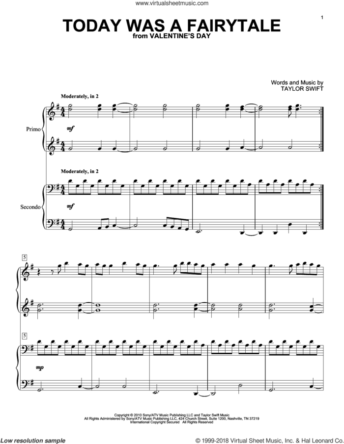 Today Was A Fairytale sheet music for piano four hands by Taylor Swift, intermediate skill level