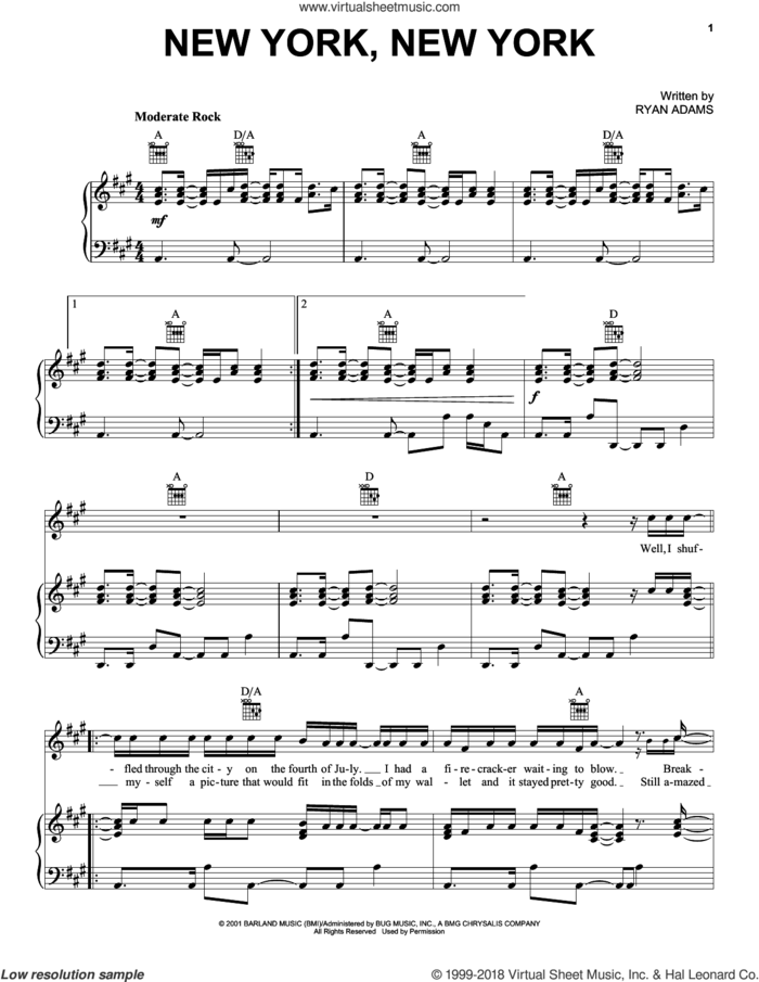 New York, New York sheet music for voice, piano or guitar by Ryan Adams, intermediate skill level