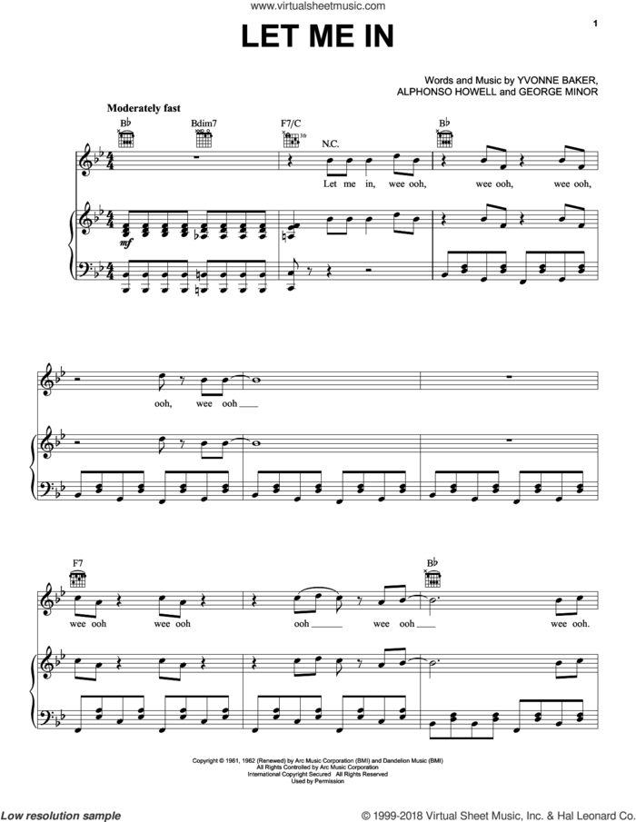 Let Me In sheet music for voice, piano or guitar by Sensations, Alphonso Howell, George Minor and Yvonne Baker, intermediate skill level