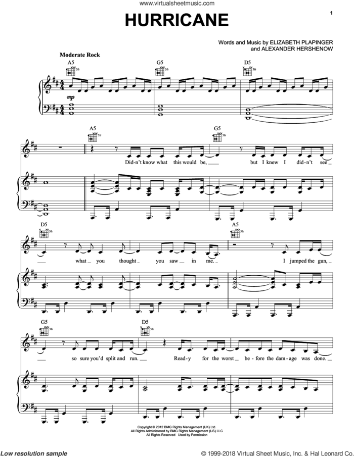 Hurricane sheet music for voice, piano or guitar by MS MR, Alexander Hershenow and Elizabeth Plapinger, intermediate skill level