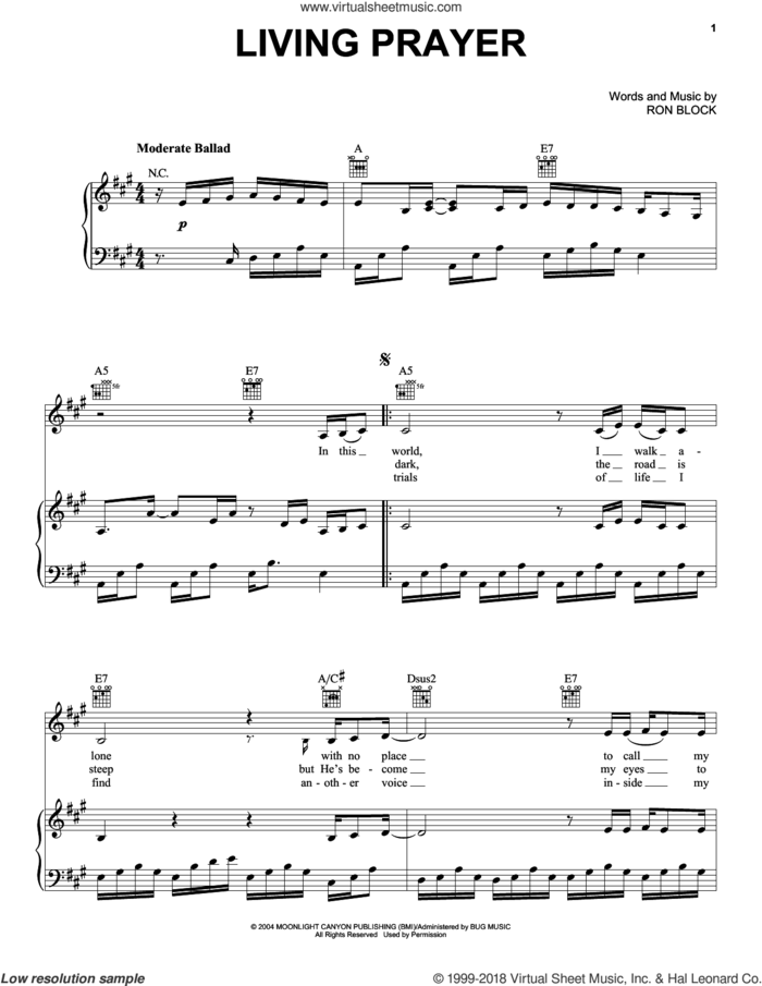 Living Prayer sheet music for voice, piano or guitar by Ron Block, intermediate skill level