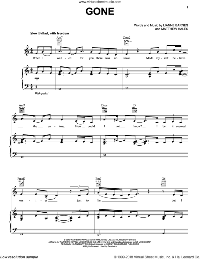 Gone sheet music for voice, piano or guitar by Lianne La Havas, Lianne Barnes and Matthew Hales, intermediate skill level