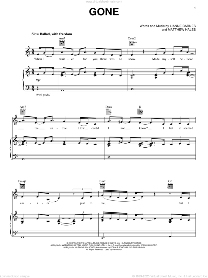 Gone sheet music for voice, piano or guitar by Lianne La Havas, Lianne Barnes and Matthew Hales, intermediate skill level