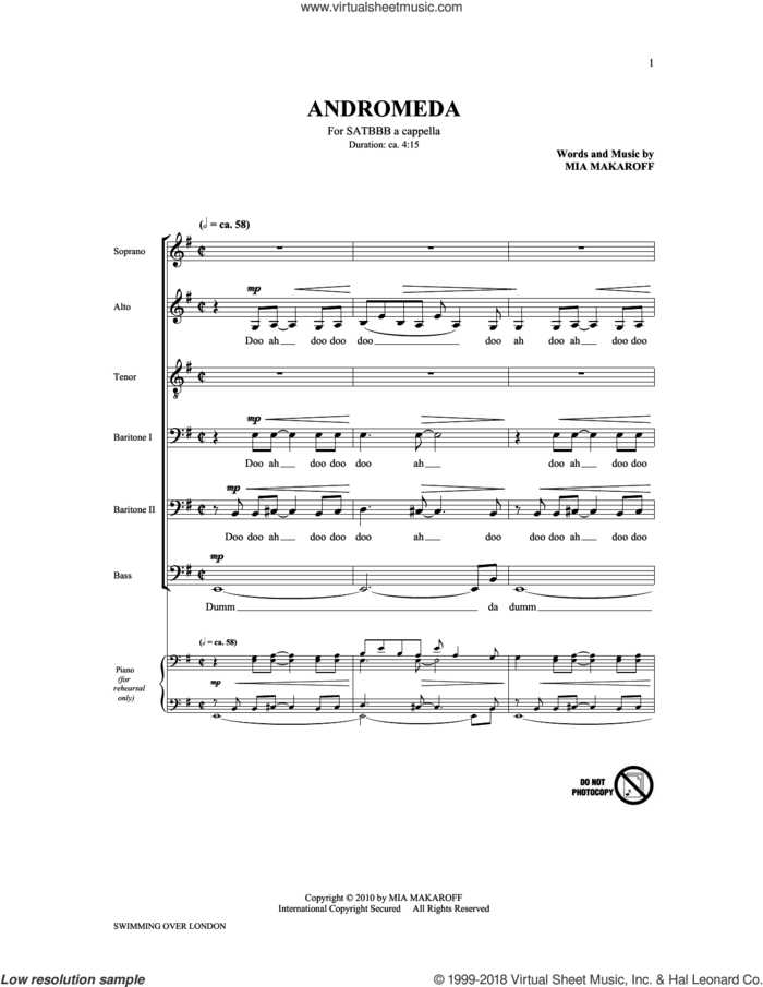 Andromeda (from Swimming Over London) sheet music for choir (SATBBB) by The King's Singers, intermediate skill level