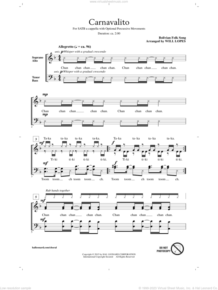 Carnavalito sheet music for choir (SATB: soprano, alto, tenor, bass) by Will Lopes and Bolivian Folk Song, intermediate skill level