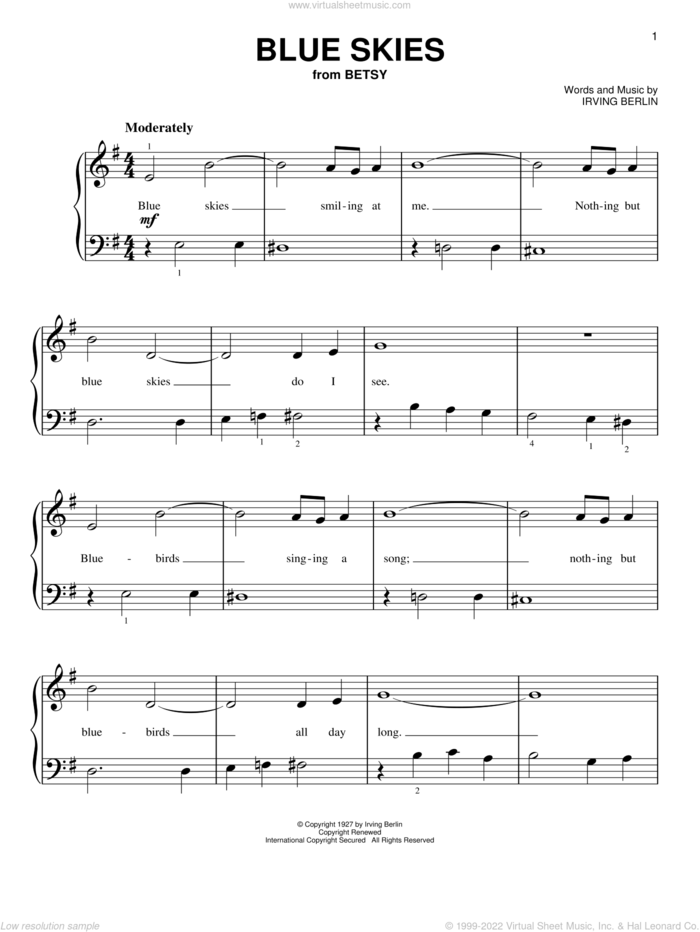 Blue Skies sheet music for piano solo by Irving Berlin and Willie Nelson, beginner skill level