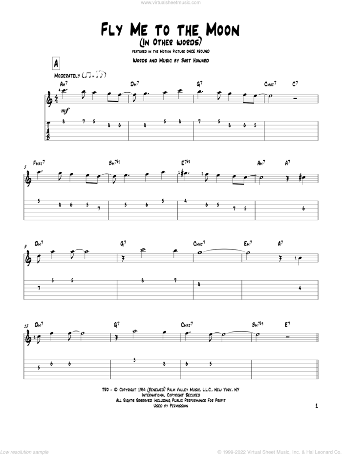 Fly Me To The Moon (In Other Words) sheet music for guitar solo by Bart Howard, Frank Sinatra and Tony Bennett, wedding score, intermediate skill level