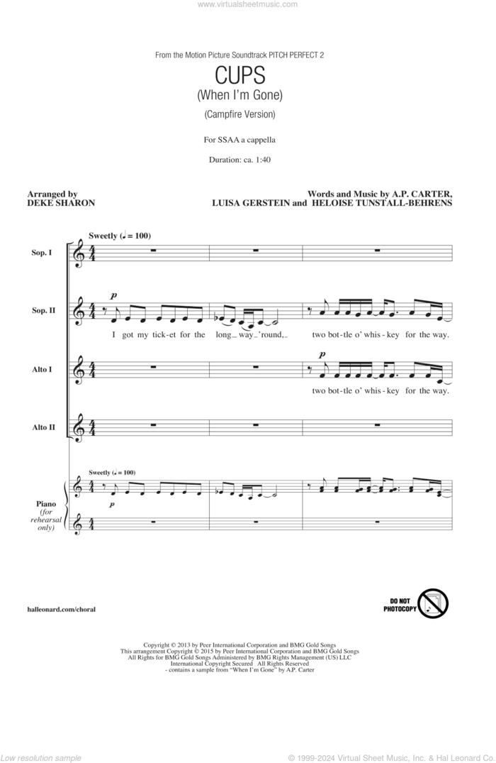 Cups (When I'm Gone) (Campfire Version) (from Pitch Perfect 2) (arr. Deke Sharon) sheet music for choir (SSA: soprano, alto) by A.P. Carter, Deke Sharon, Anna Kendrick, Heloise Tunstall-Behrens and Luisa Gerstein, intermediate skill level