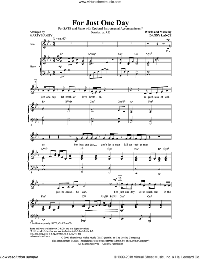 For Just One Day sheet music for choir (SATB: soprano, alto, tenor, bass) by Marty Hamby and Danny Lance, intermediate skill level