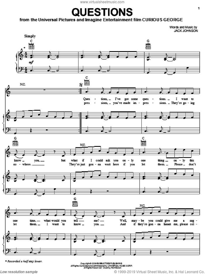 Questions sheet music for voice, piano or guitar by Jack Johnson and Curious George (Movie), intermediate skill level