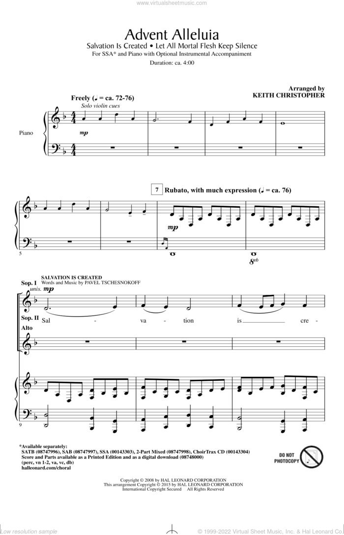Advent Alleluia sheet music for choir (SSA: soprano, alto) by Keith Christopher and Pavel Tschesnokoff, intermediate skill level