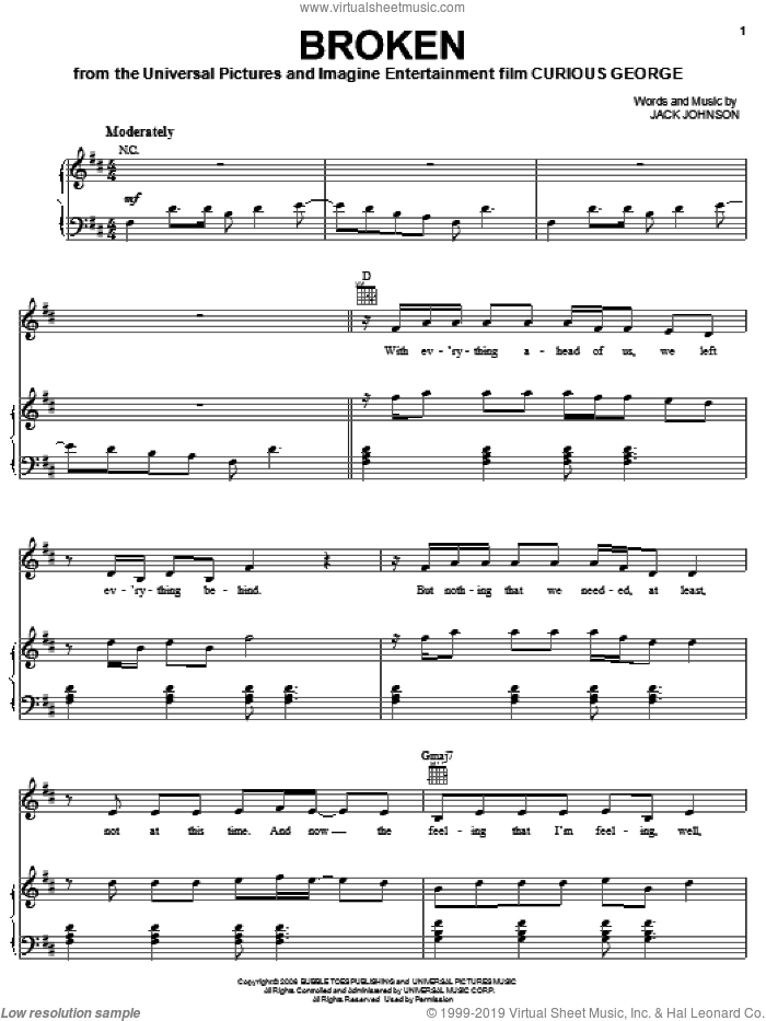 Broken sheet music for voice, piano or guitar by Jack Johnson and Curious George (Movie), intermediate skill level