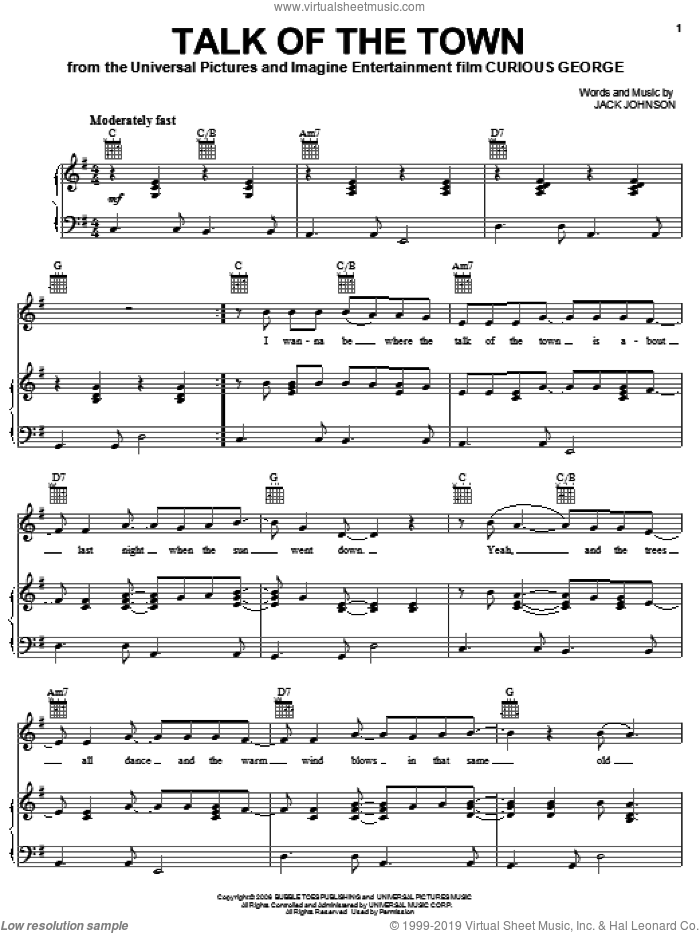 Talk Of The Town sheet music for voice, piano or guitar by Jack Johnson and Curious George (Movie), intermediate skill level