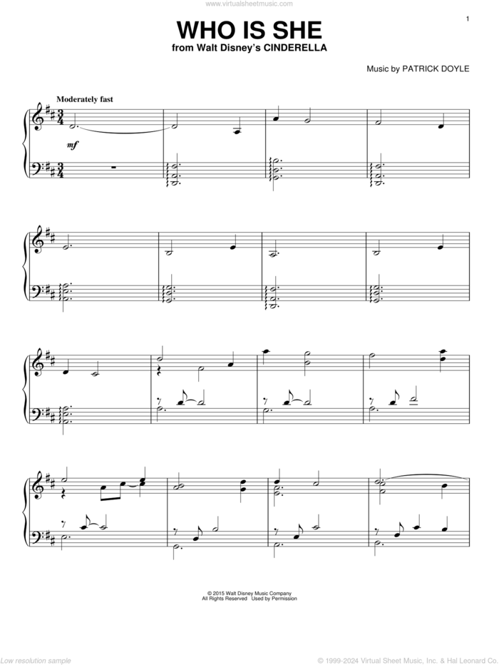 Who Is She, (intermediate) sheet music for piano solo by Patrick Doyle, intermediate skill level