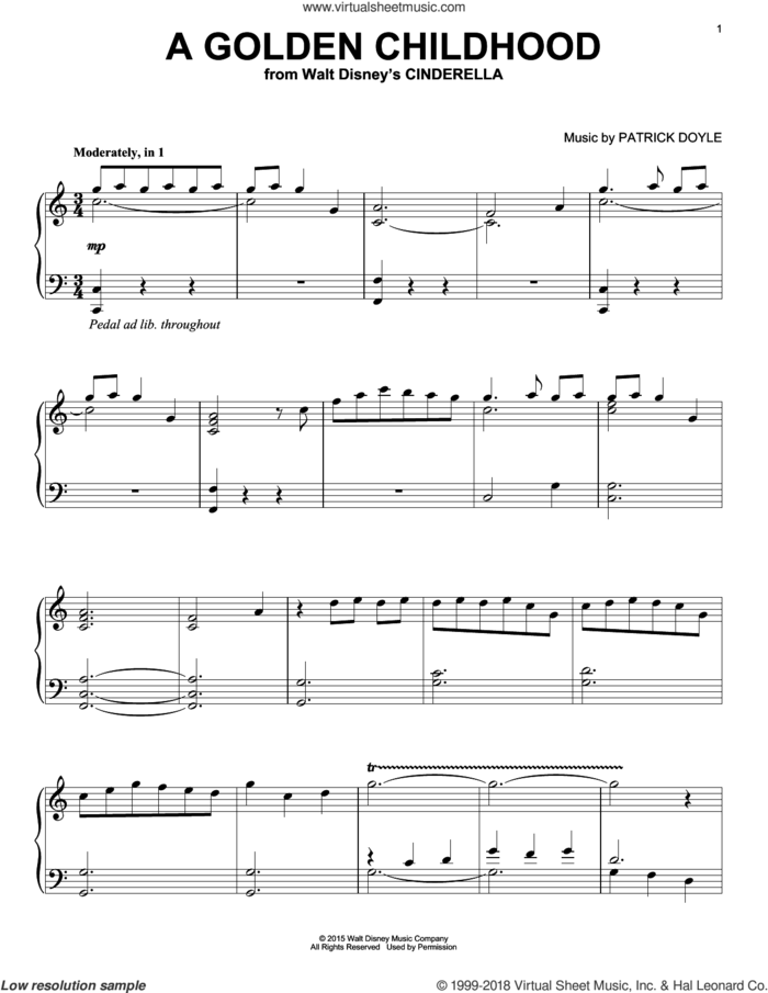 A Golden Childhood, (intermediate) sheet music for piano solo by Patrick Doyle, intermediate skill level
