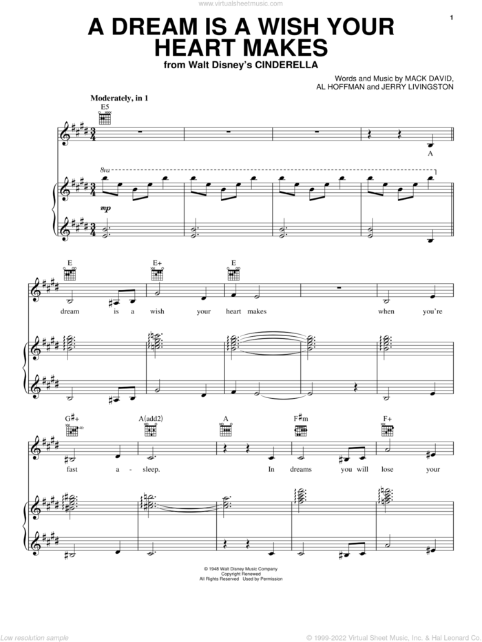 A Dream Is A Wish Your Heart Makes (from Cinderella) sheet music for voice, piano or guitar by Ilene Woods, Patrick Doyle, Al Hoffman, Jerry Livingston and Mack David, wedding score, intermediate skill level