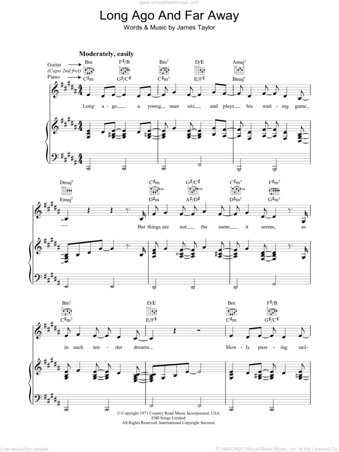 Long Ago And Far Away sheet music for voice, piano or guitar by James Taylor, intermediate skill level