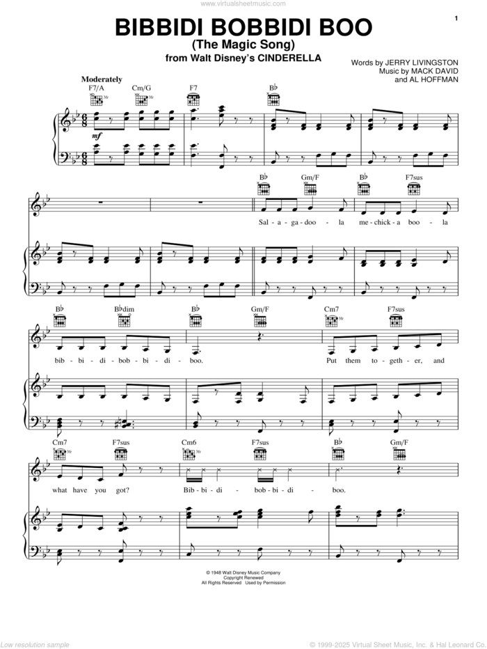 Bibbidi-Bobbidi-Boo (The Magic Song) (from the motion picture Cinderella) sheet music for voice, piano or guitar by Al Hoffman, Helena Bonham Carter, Patrick Doyle, Jerry Livingston and Mack David, intermediate skill level