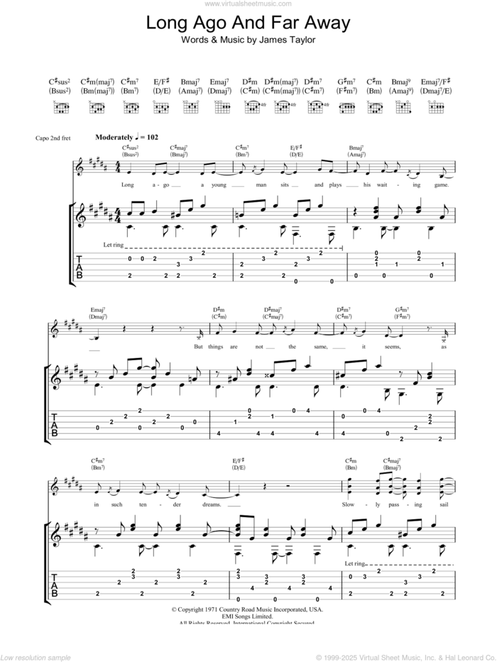 Long Ago And Far Away sheet music for guitar (tablature) by James Taylor, intermediate skill level